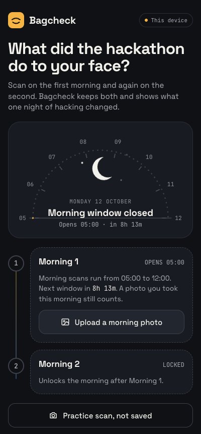 Bagcheck home screen: a dial for the morning window and two morning scans
