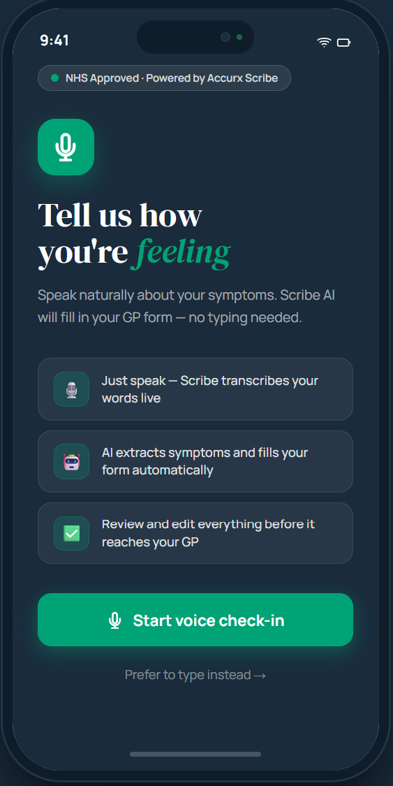 Start screen: Tell us how you're feeling