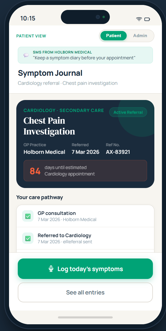 Patient view of the symptom journal