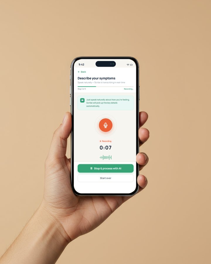 CareLoop on a phone: the patient records how they feel and Scribe transcribes it