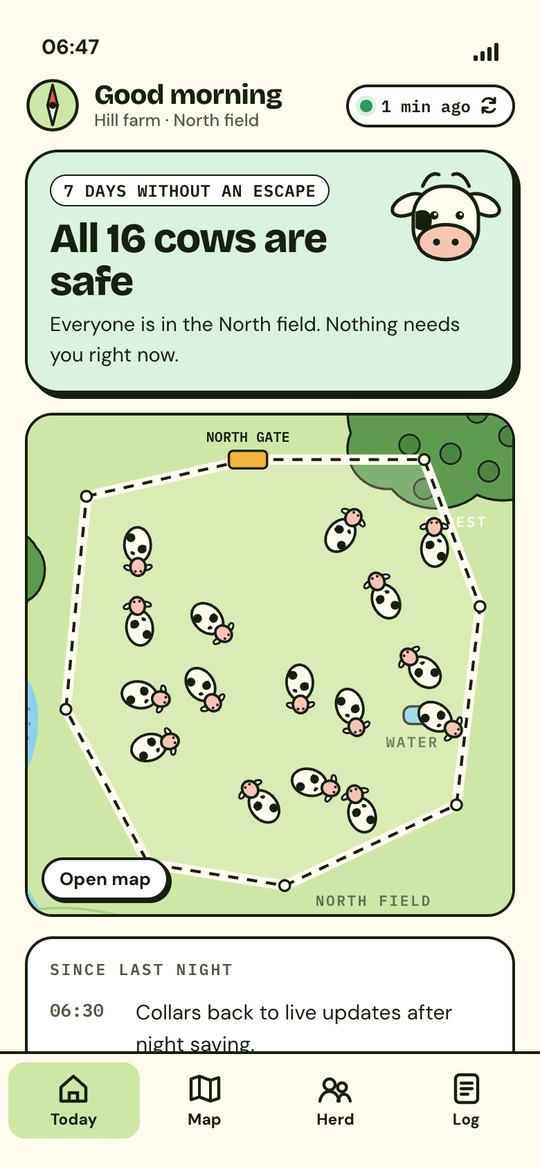 Today screen: all 16 cows are safe, with the North field map