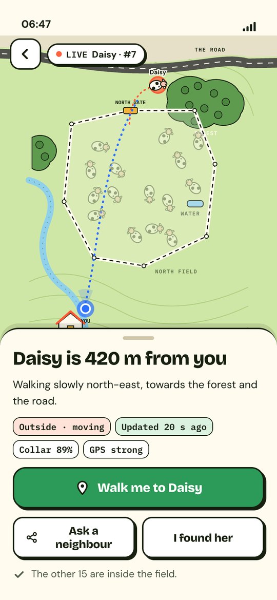 Map with Daisy outside the field, 420 metres from the farmer, updated 20 seconds ago