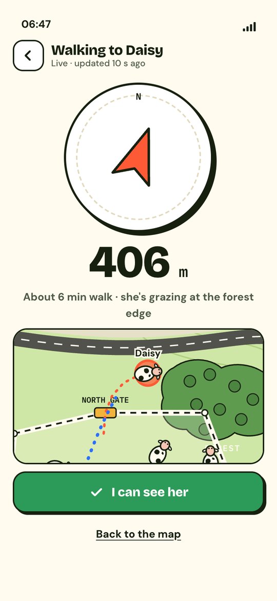 Compass screen pointing to Daisy, 406 metres away, about 6 minutes walk
