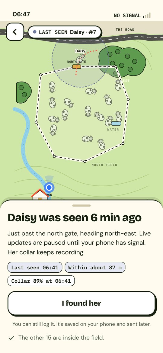 Daisy was seen 6 minutes ago, inside a grey circle that shows how far she might have gone, I found her still works