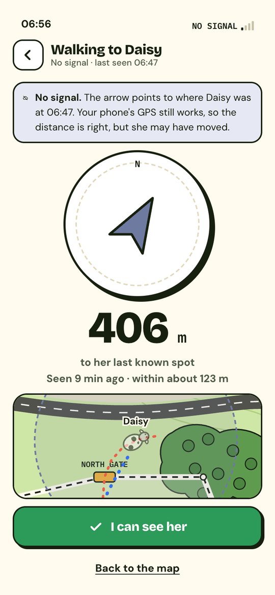Compass in grey: the arrow points to where Daisy was at 06:47, seen 9 minutes ago, within about 123 metres