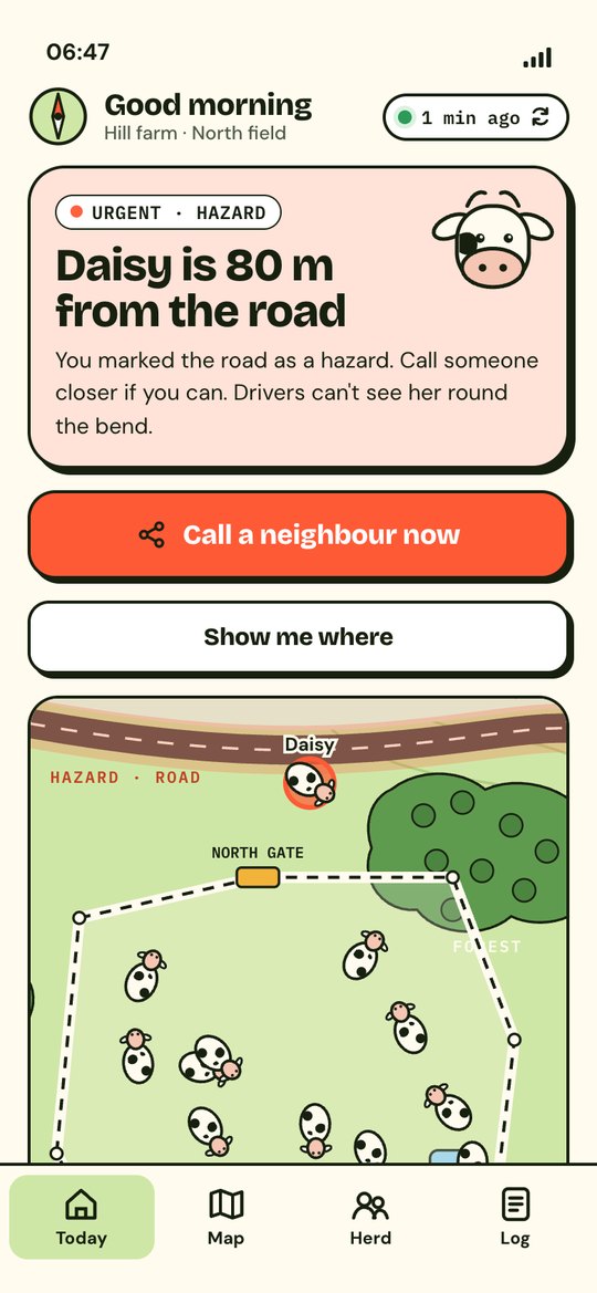Urgent hazard: Daisy is 80 metres from the road the farmer marked as a hazard, call a neighbour now