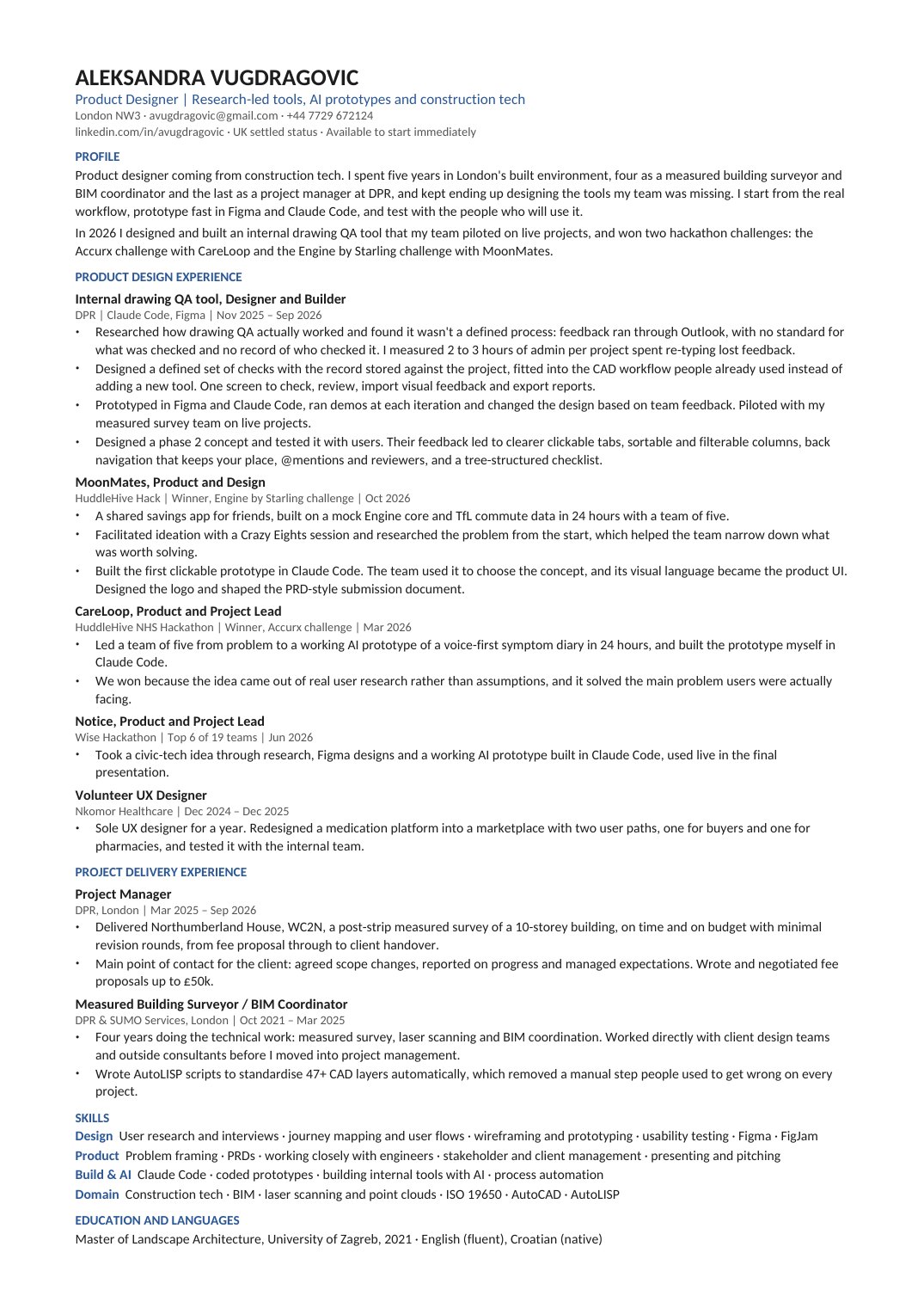 Preview of Alex's one-page product design CV