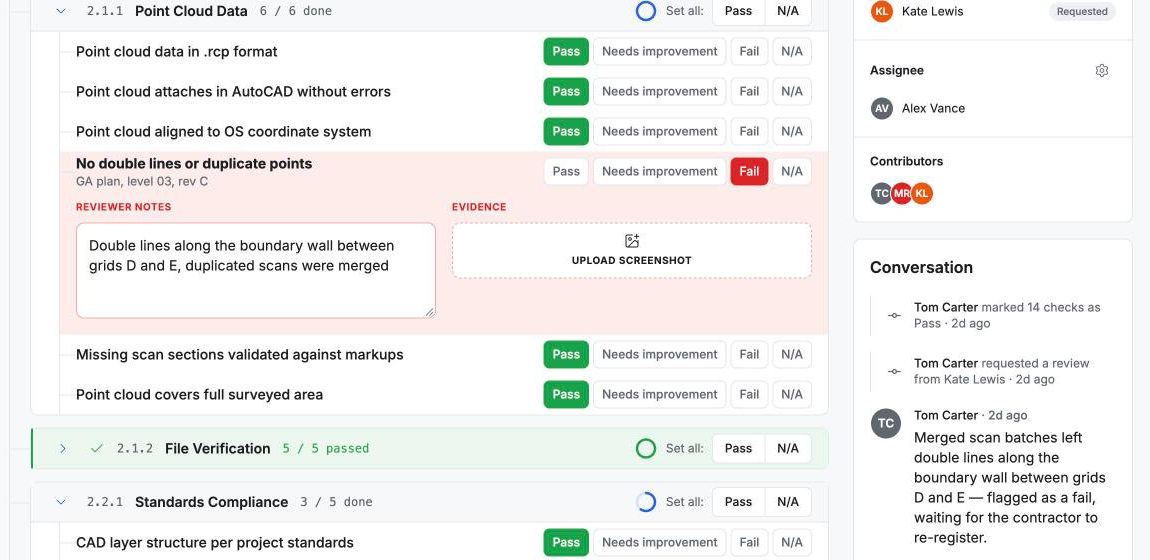 A failed check with the reviewer note, a screenshot slot and the conversation