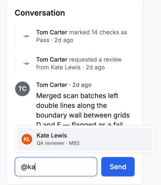Typing @ in a comment suggests a colleague with role and team