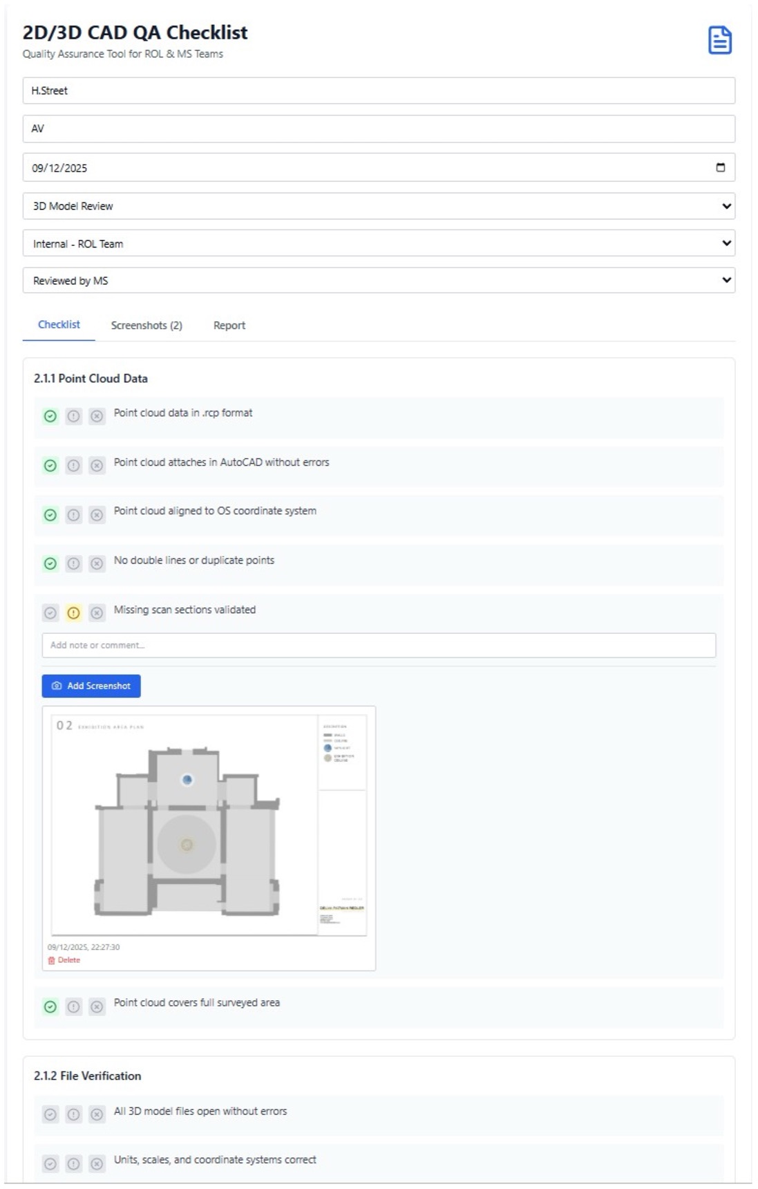 First idea, Checklist tab: point cloud checks marked pass or needs improvement, with a note field and a screenshot added to one check