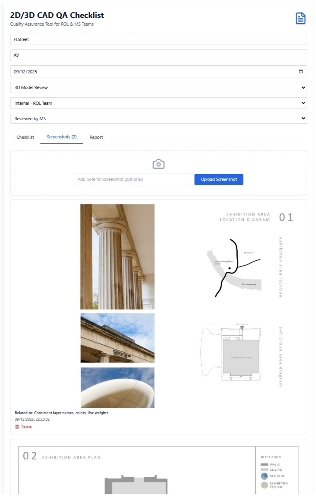First idea, Screenshots tab: an upload box and a screenshot linked to the check it relates to