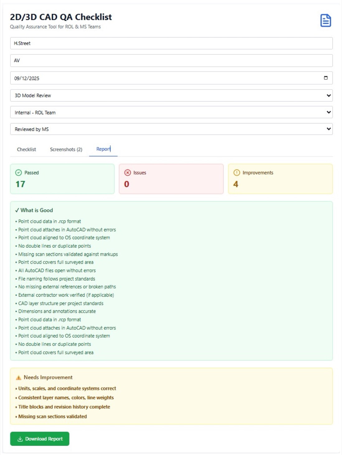 First idea, Report tab: 17 passed, 0 issues and 4 improvements, with lists of what is good and what needs improvement